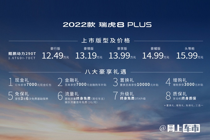 2022款奇瑞瑞虎8 PLUS上市 推出5款�型
