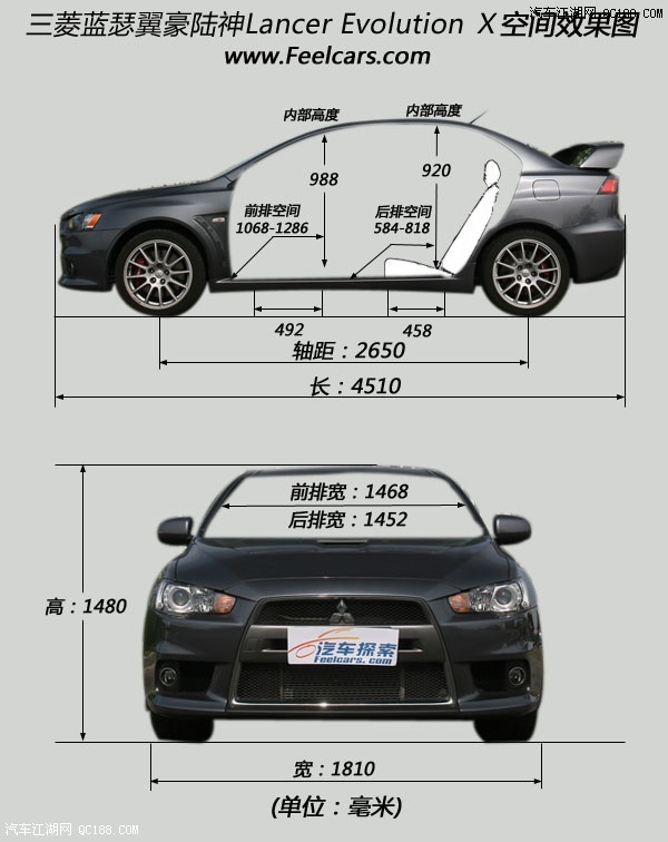 车内空间相当宽敞 ,储物格不多    我们来看一看evo的尺寸如何