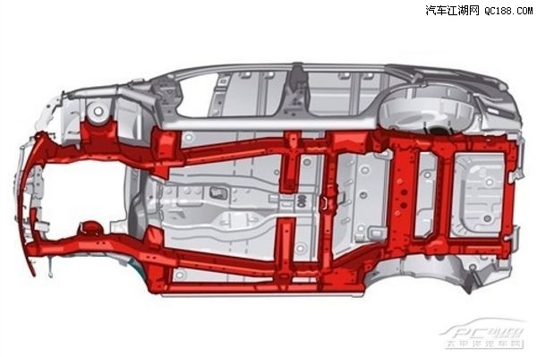 超级维特拉采用的是承载式车身,红色部分为内嵌式大梁,提高车身坚固性