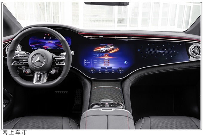 梅赛德斯-amg eqs 53配备有三辐六轴多功能方向盘,hyperscreen三联屏